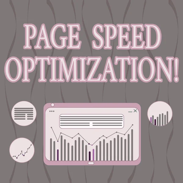 Texto para escrita de palavras Page Speed Optimization. Conceito de negócio para melhorar a velocidade de carregamento de conteúdo em uma página da Web Combinação Digital de Gráfico de Dados de Linha de Coluna na Tela do Tablet . — Fotografia de Stock