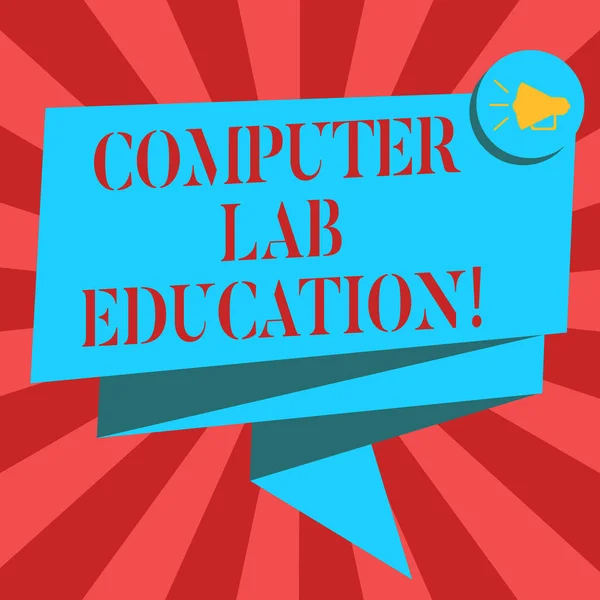 Conceptual hand writing showing Computer Lab Education. Business photo showcasing Room or space equipped with computers use in a school Folded 3D Ribbon Sash Speech Bubble photo for Celebration. — Stock Photo, Image