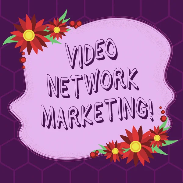 Conceptual hand writing showing Video Network Marketing. Business photo showcasing Engaging video into your marketing campaign Blank Color Shape with Flowers Border for Cards Invitation.