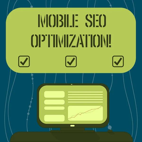 Textzeichen mit mobiler SEO-Optimierung. konzeptionelles Foto ermöglicht es einer Website, Rang für mobile Suchen montierten Computerbildschirm mit Liniendiagramm auf dem Schreibtisch leere farbige Textbox. — Stockfoto