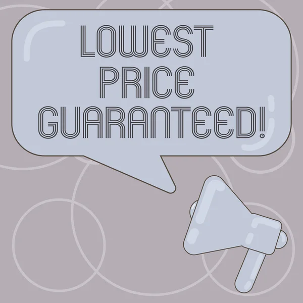 Word writing text Lowest Price Guaranteed. Business concept for Price charges are the lowest among competitors Megaphone photo and Blank Rectangular Color Speech Bubble with Reflection.