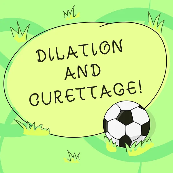 Writing note showing Dilation And Curettage. Business photo showcasing procedure to remove tissue from inside your uterus Soccer Ball on the Grass and Blank Outlined Round Color Shape photo.