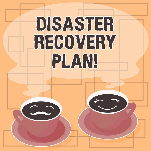 Word tekst Disaster Recovery Plan schrijven. Businessconcept voor plan voor zakelijke stabiliteit in geval van ramp Sets van Cup schotel voor zijn en haar koffie gezicht pictogram met lege stoom. — Stockfoto