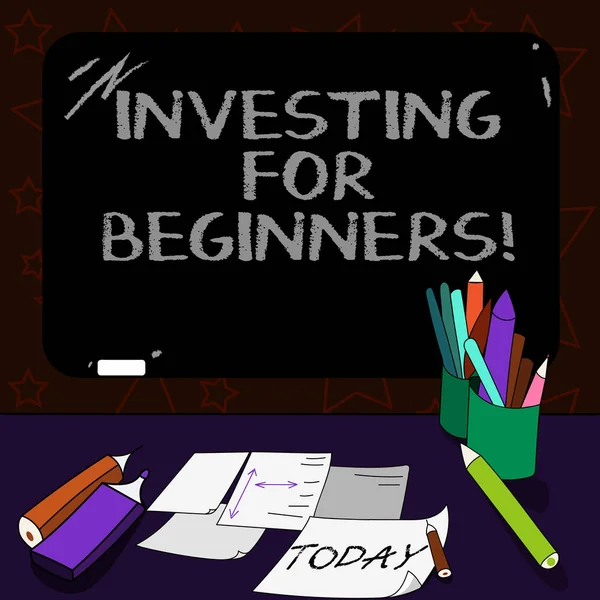 Writing note showing Investing For Beginners. Business photo showcasing outlay of money usually for income or profit Mounted Blackboard with Chalk Writing Tools Sheets on Desk. — 图库照片