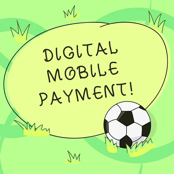 Writing note showing Digital Mobile Payment. Business photo showcasing way of payment which made through digital modes Soccer Ball on the Grass and Blank Outlined Round Color Shape photo