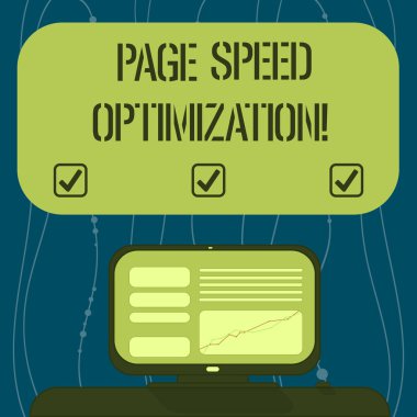 Sayfa hızı optimizasyonu gösterilen metin işareti. Kavramsal fotoğraf geliştirmek içerik Mounted bilgisayar ekranı Resepsiyon boş renk metin kutusunda çizgi grafiği ile bir Web sayfası yükleme hızı.