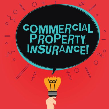 Writing note showing Commercial Property Insurance. Business photo showcasing provides protection against most risks Oval Speech Bubble Above a Broken Bulb with Failed Idea icon.
