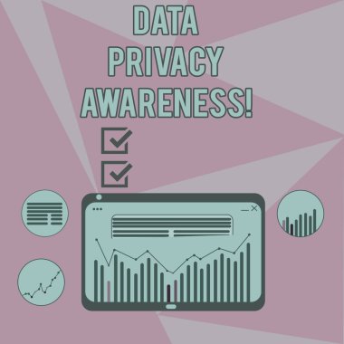 Veri gizlilik farkındalık gösterilen Not yazma. İş online paylaştığımız korumak ve gizlilik vitrine fotoğraf dijital karma, sütun satır veri grafik grafik Tablet ekranında.