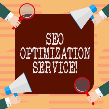 Word metin Seo optimizasyon hizmeti yazma. Bir Web sitesi Hu analiz eller her Holding Büyüteç Camı ve megafon 4 köşe üzerinde görünürlüğünü artırmak için amacı için iş kavramı.