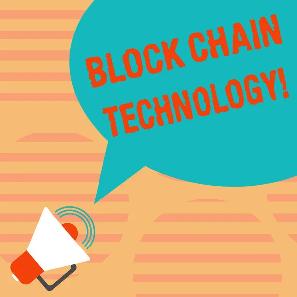 Word writing text Block Chain Technology. Business concept for Digital ledger stored in a distributed network Megaphone with Sound Volume Icon and Blank Color Speech Bubble photo. — 스톡 사진