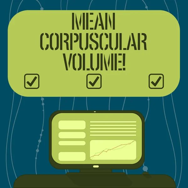 Text sign showing Mean Corpuscular Volume. Conceptual photo average volume of a red blood corpuscle measurement Mounted Computer Screen with Line Graph on Desk Blank Color Text Box. — Stock Photo, Image