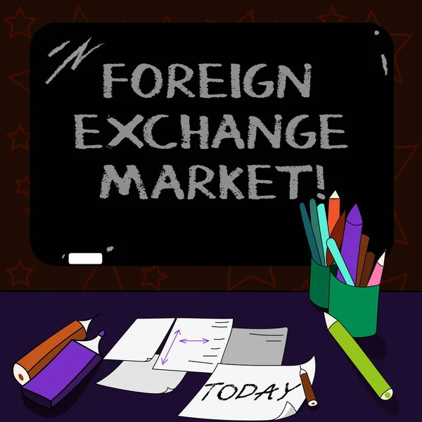 Writing note showing Foreign Exchange Market. Business photo showcasing global decentralized trading of currencies Mounted Blackboard with Chalk Writing Tools Sheets on Desk.
