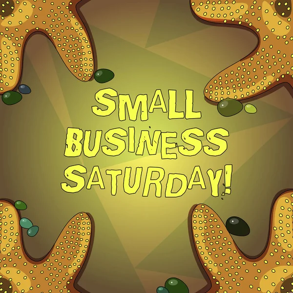 Word writing text Small Business Saturday. Business concept for American shopping holiday after thanksgiving Starfish photo on Four Corners with Colorful Pebbles for Poster Ads Cards.