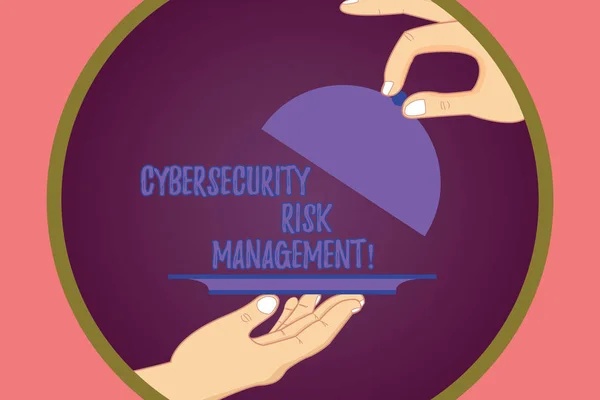 Conceptual hand writing showing Cybersecurity Risk Management. Business photo showcasing Identifying threats and applying actions Hu analysis Hands Serving Tray Platter and Lifting the Lid.