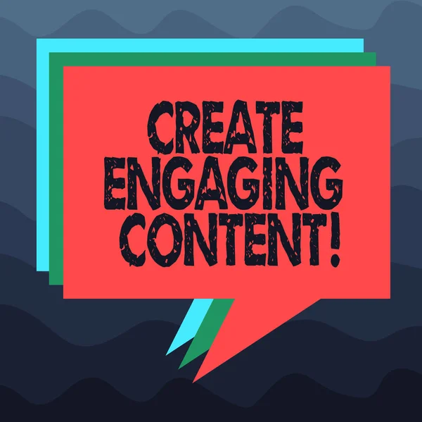 Writing note showing Create Engaging Content. Business photo showcasing provides value to the lives of the potential client Stack of Speech Bubble Different Color Piled Text Balloon.