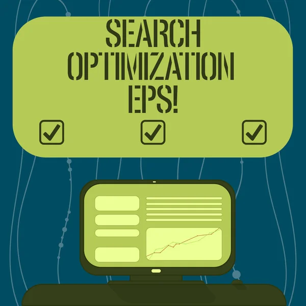 Text skylt som visar sökoptimering EPS. Konceptuell foto process som påverkar synligheten av en webbplats monterad datorskärm med linjediagram på skrivbordet tom färg text ruta. — Stockfoto