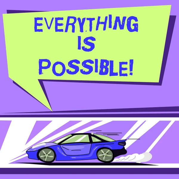 Word writing text Everything Is Possible. Business concept for we cannot predict with any certainty what will happen Car with Fast Movement icon and Exhaust Smoke Blank Color Speech Bubble. — 스톡 사진