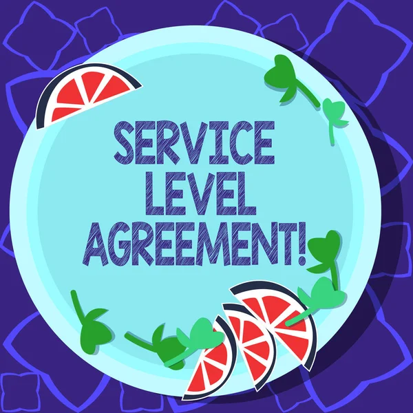 Handwriting text writing Service Level Agreement. Concept meaning Commitment between a service provider and a client Cutouts of Sliced Lime Wedge and Herb Leaves on Blank Round Color Plate.