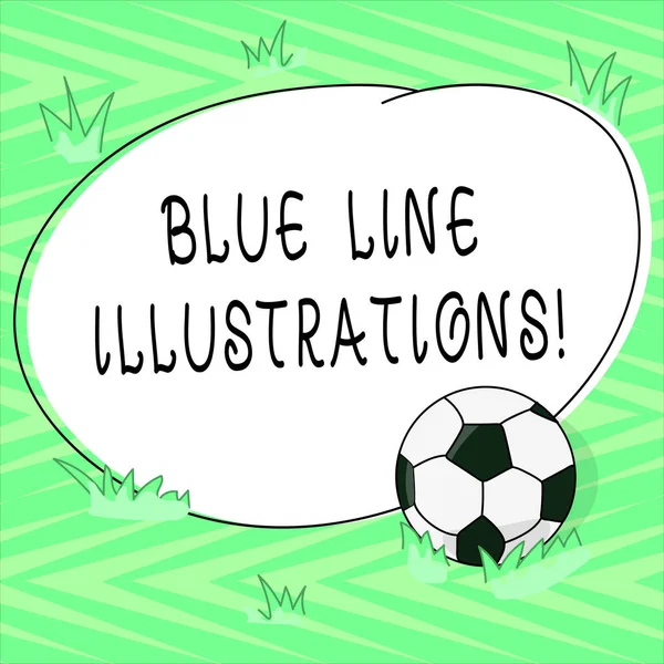 Text sign showing Blue Line Illustrations. Conceptual photo investing in building an online presence and trust Soccer Ball on the Grass and Blank Outlined Round Color Shape photo. — ストック写真
