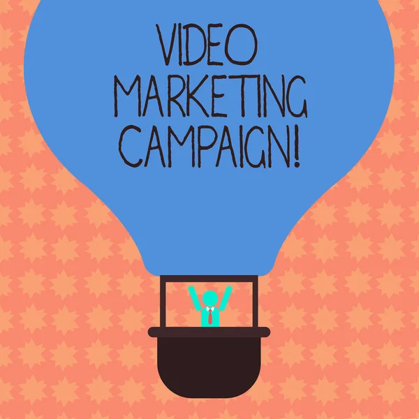 Writing note showing Video Marketing Campaign. Business photo showcasing Assessing the benefit of digital campaign Hu analysis Dummy Arms Raising inside Gondola Riding Air Balloon. — Stock Photo, Image