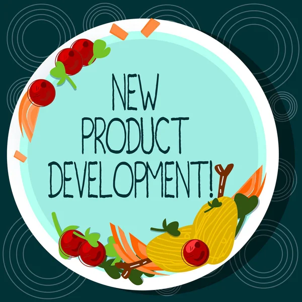 Word writing text New Product Development. Business concept for Process of bringing a new product to the marketplace Hand Drawn Lamb Chops Herb Spice Cherry Tomatoes on Blank Color Plate.