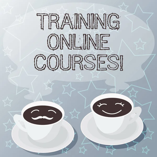 手書きテキストは、オンラインのトレーニング コースを作成します。Web ブラウザー カップ ソーサー セットに彼のレッスンのシリーズを提供を意味概念と空白の蒸気で彼女のコーヒーの顔アイコン. — ストック写真