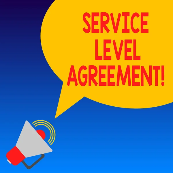 Handwriting text Service Level Agreement. Concept meaning Commitment between a service provider and a client Megaphone with Sound Volume Icon and Blank Color Speech Bubble photo.