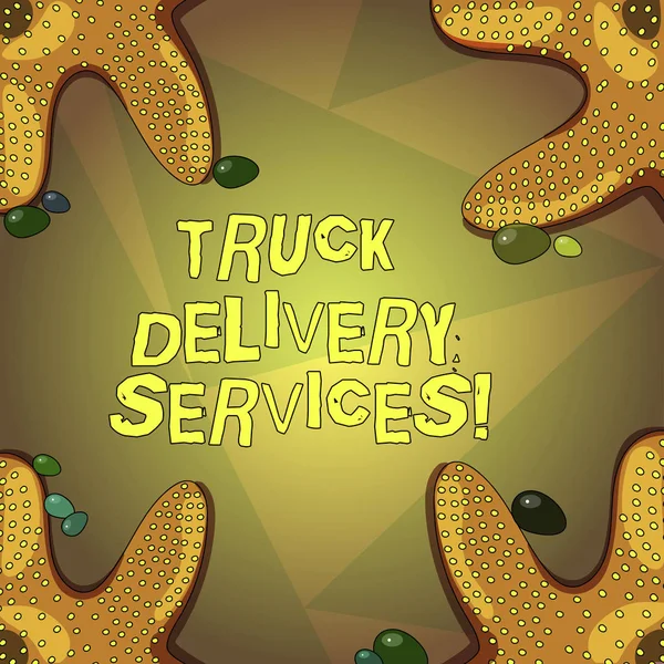 Texto de escritura de palabras Truck Delivery Services. Concepto de negocio para una furgoneta adecuada para entregar productos o servicios Foto de estrella de mar en Four Corners with Colorful Pebbles for Poster Ads Cards . — Foto de Stock