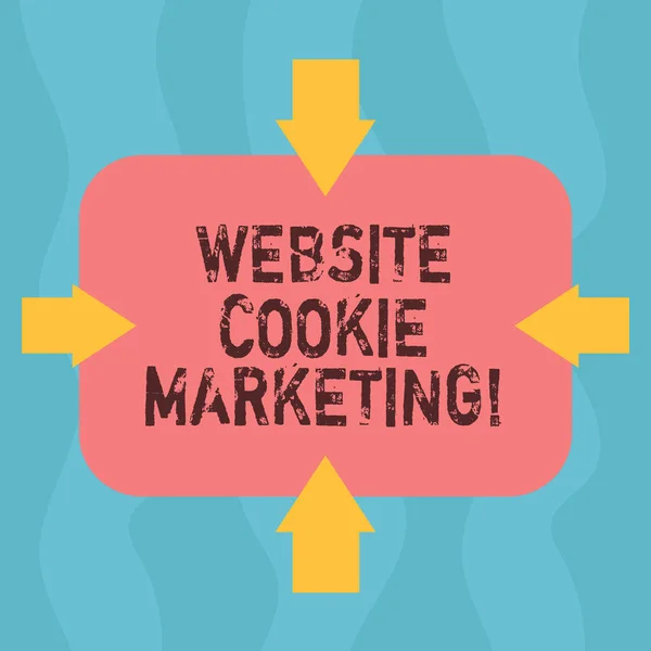 Konzeptionelle Handschrift, die Website-Cookie-Marketing zeigt. Geschäftsfoto, das Informationen und Einsichten der Webseitenbenutzer mit Pfeilen auf vier Seiten rechteckiger Form zeigt, die nach innen zeigen. — Stockfoto