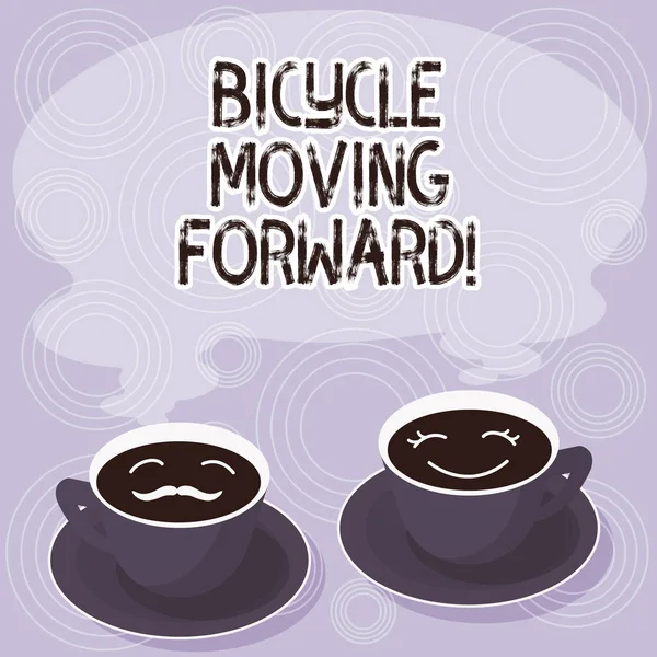 Text sign showing Bicycle Moving Forward. Conceptual photo To keep your balance, you must keep moving forward Sets of Cup Saucer for His and Hers Coffee Face icon with Blank Steam.