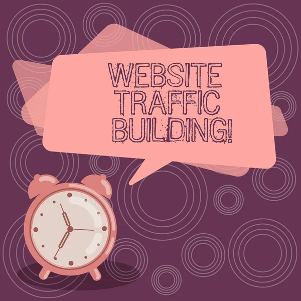 Text sign showing Website Traffic Building. Conceptual photo cookies allow marketers to follow web users Blank Rectangular Color Speech Bubble Overlay and Analog Alarm Clock. — 스톡 사진