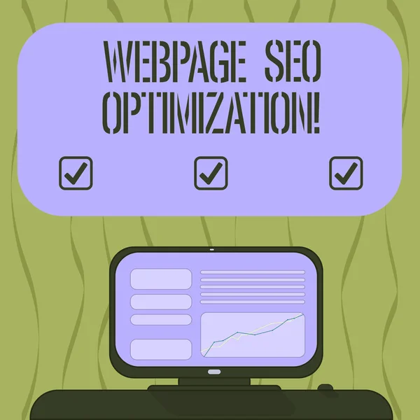 참고 웹 페이지 Seo 최적화를 보여주는 작성. 보여주는 게 온라인 교육 비즈니스 사진 유연 하 고 경제적 탑재 컴퓨터 책상 빈 색상 텍스트 상자에 선 그래프 화면. — 스톡 사진