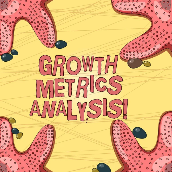 Writing note showing Growth Metrics Analysis. Business photo showcasing Evaluating the company s is historical growth Starfish on Four Corners with Pebbles for Poster Ads Cards.
