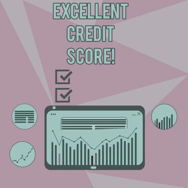 Writing note showing Excellent Credit Score. Business photo showcasing number that evaluates a consumer s is creditworthiness Digital Combination of Column Line Data Graphic Chart on Tablet Screen.