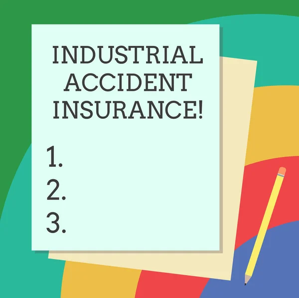 Word writing text Industrial Accident Insurance. Business concept for payments for demonstrating exposed to the work hazard Stack of Blank Different Pastel Color Construction Bond Paper and Pencil.