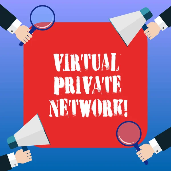 Handwriting text Virtual Private Network. Concept meaning network that is constructed using public wires Hu analysis Hands Each Holding Magnifying Glass and Megaphone on 4 Corners. — Stock Photo, Image