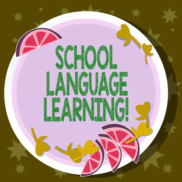 Word writing text School Language Learning. Business concept for school where one studies a foreign language Cutouts of Sliced Lime Wedge and Herb Leaves on Blank Round Color Plate.