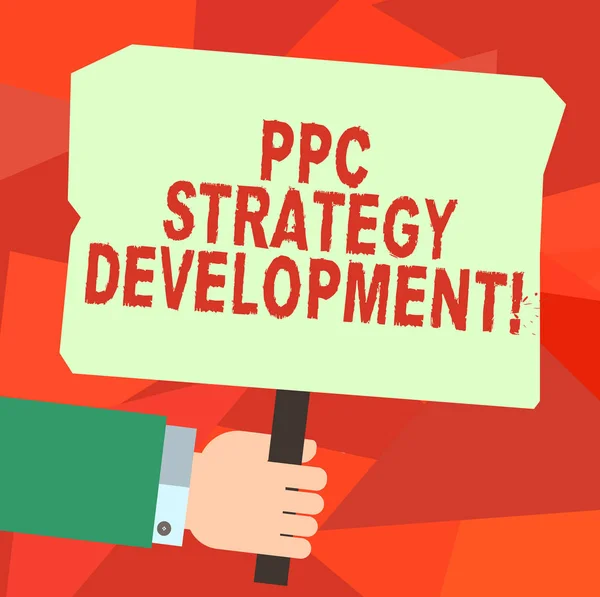 Conceptuele hand schrijven Ppc strategie ontwikkeling tonen. Zakelijke foto tekst om te ontwikkelen van een plan van actie om te bouwen van effectieve Ppc Hu analyse Hand Holding gekleurde plakkaat met Stick tekst ruimte. — Stockfoto