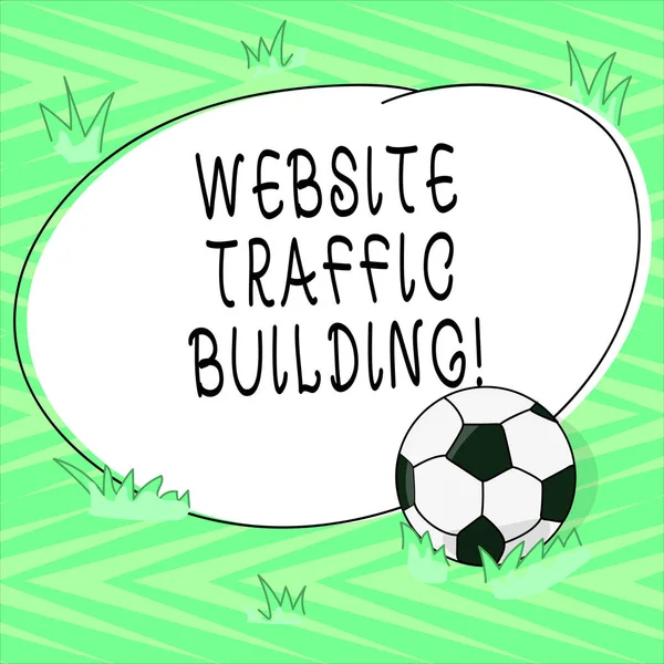 ウェブサイトのトラフィックの建物を示すテキスト記号 概念的な写真クッキー許可のために草やブランクの説明したラウンド カラー形状の写真を Web ユーザー サッカー ボールを従う — ストック写真