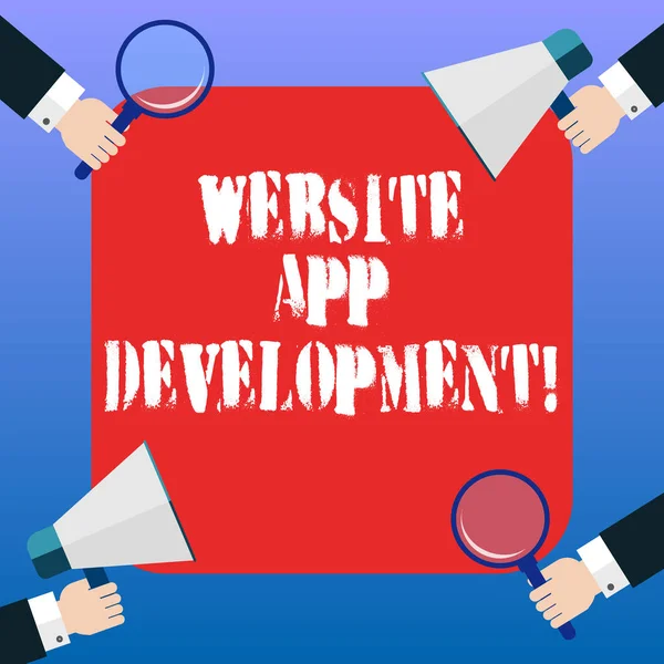 Handwriting text Website App Development. Concept meaning Creation of application programs save on servers Hu analysis Hands Each Holding Magnifying Glass and Megaphone on 4 Corners.