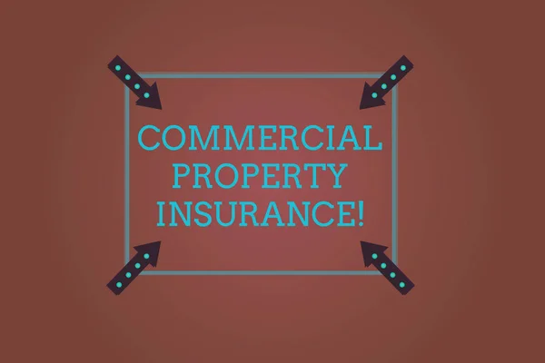 Word writing text Commercial Property Insurance. Business concept for provides protection against most risks Square Outline with Corner Arrows Pointing Inwards on Color Background.