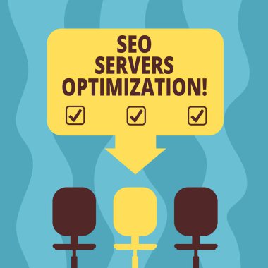 Kavramsal el SEO sunucuları en iyi duruma getirme gösterilen yazma. Seo ağ alanı renk ok işaret eden bir, üç döner sandalyeler maksimum verimlilikle çalışma vitrine iş fotoğraf.