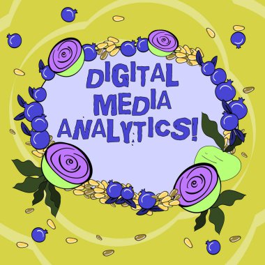 El yazısı metin dijital medya Analytics. Bir iş akan bilgi analizi anlam kavramı çiçek çelenk yapılmış minik tohum küçük parlak nar ve pancar kesmek.