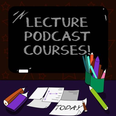 Ders Podcast dersleri gösteren Not yazma. Kaydedilmiş ders malzemesi Mounted Blackboard tebeşir yazma araçları levhalar üstünde okul sırası ile online dağıtım vitrine iş fotoğraf.