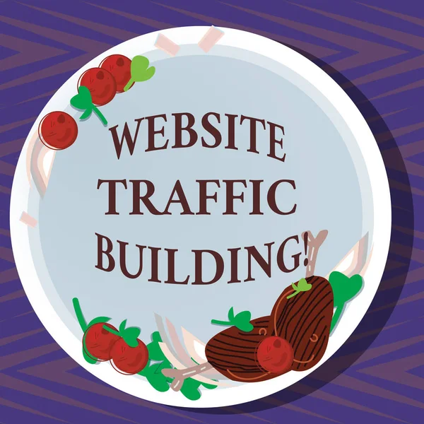 Texte d'écriture Word Website Traffic Building. Concept d'affaires pour les cookies permettent aux commerçants de suivre les utilisateurs du Web à la main côtelettes d'agneau Herbe épice tomates cerises sur plaque de couleur vierge . — Photo