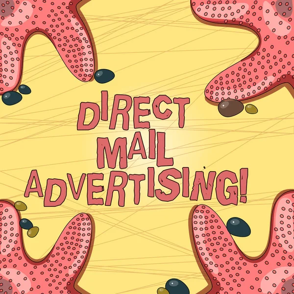 Writing note showing Direct Mail Advertising. Business photo showcasing deliver marketing material to client of postal mail Starfish on Four Corners with Pebbles for Poster Ads Cards.