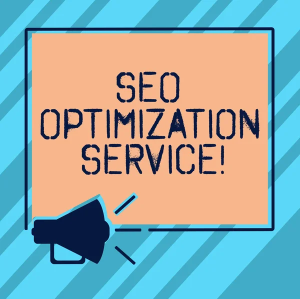 Text sign showing Seo Optimization Service. Conceptual photo Aim to increase the visibility of a website Megaphone Sound icon Outlines Blank Square Loudspeaker Text Space photo. — Stock Photo, Image