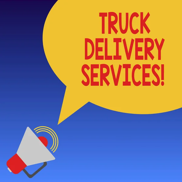 Handwriting text Truck Delivery Services. Concept meaning a van suitable for delivering goods or services Megaphone with Sound Volume Icon and Blank Color Speech Bubble photo.