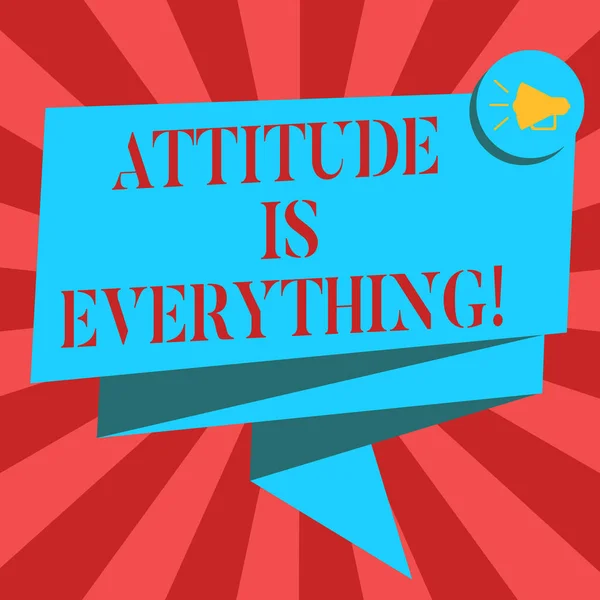 Conceptual hand writing showing Attitude Is Everything. Business photo showcasing understanding persuades our attitude about thing Folded 3D Ribbon Sash Speech Bubble photo for Celebration. — Stock Photo, Image