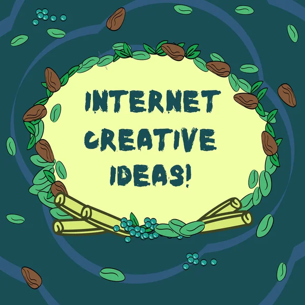 การเขียนด้วยมือในแนวคิดแสดงความคิดสร้างสรรค์ทางอินเทอร์เน็ต ความสามารถในการสร้างข้อความภาพถ่ายธุรกิจเพื่อสร้างสิ่งใหม่หรือคิดความคิดใหม่ พวงหรีดทําจากเมล็ดสีที่แตกต่างกัน ใบและอบเชย . — ภาพถ่ายสต็อก